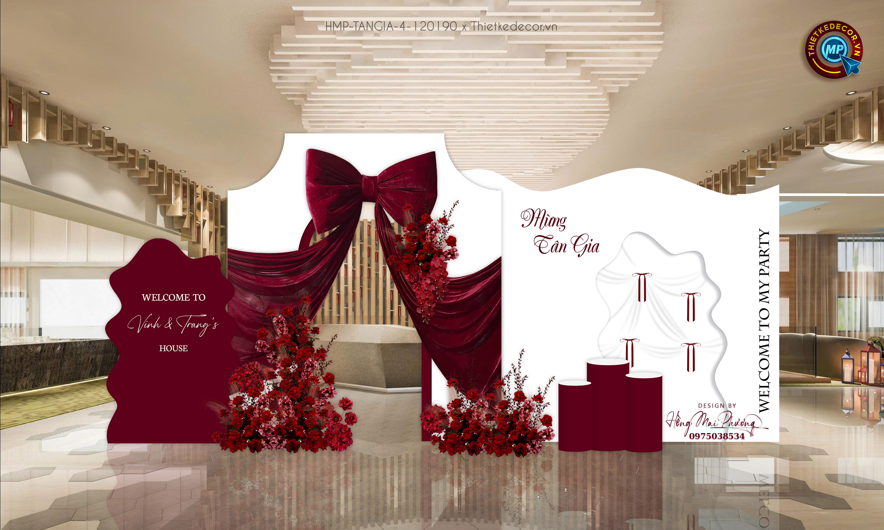 Backdrop Tân Gia tone đỏ- trắng mix nơ hoa soang choảnh